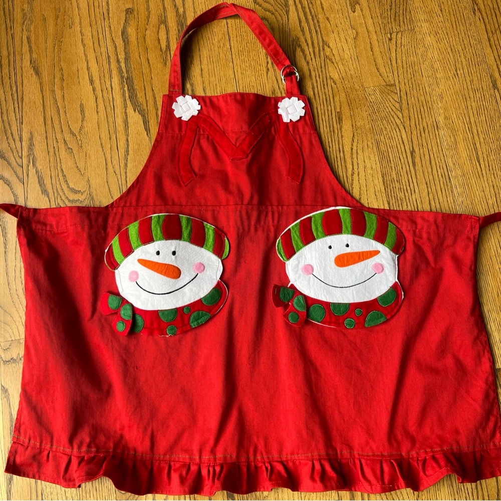 Snowman Apron with Pockets by Ritz Unisex Red Cotton Apron